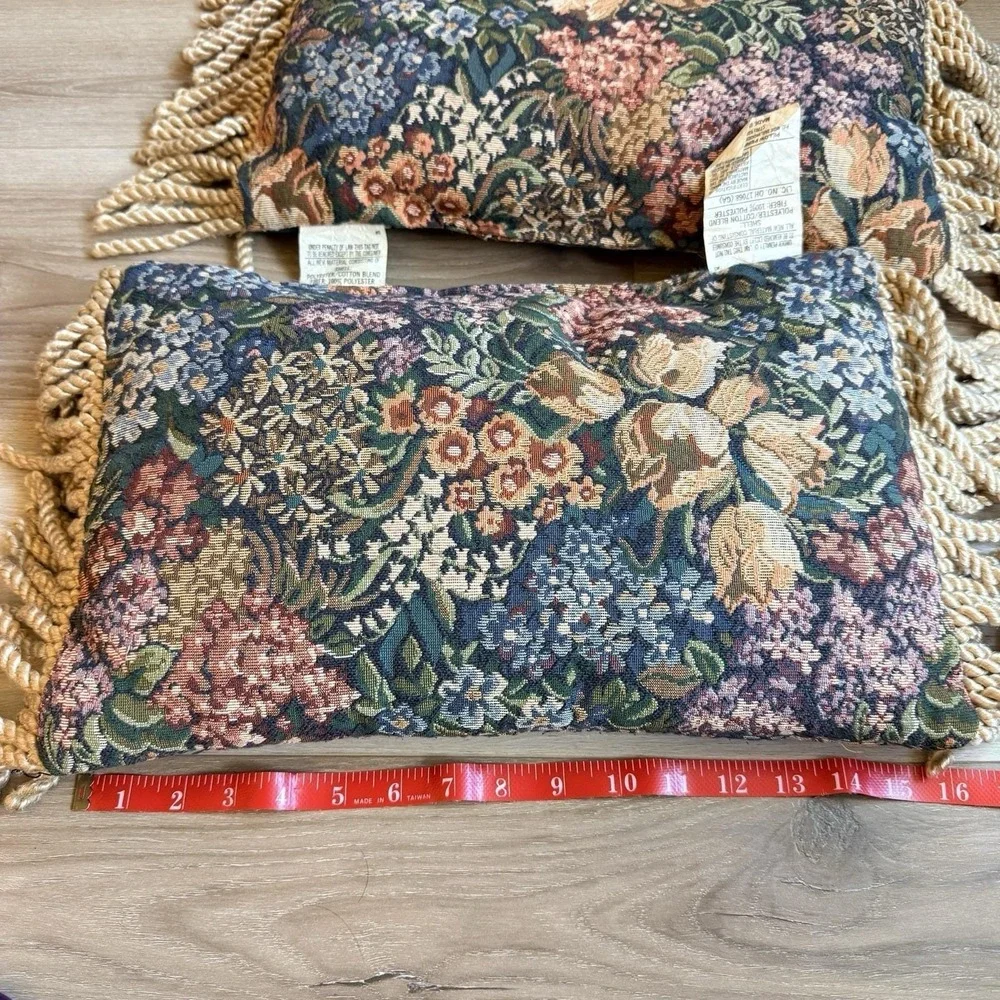 Floral Tapestry Accent Pillows with Fringe Set of 2 Vintage